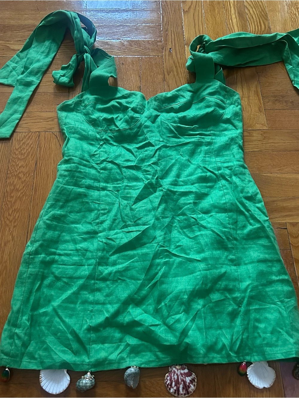 Green Tie-Shoulder Sundress - Linen Summer Dress with Shells on Hem